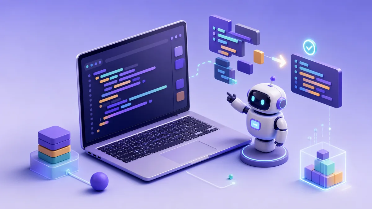 AI 코딩 어시스턴트가 코드 자동완성을 돕는 모습의 아이소메트릭 일러스트