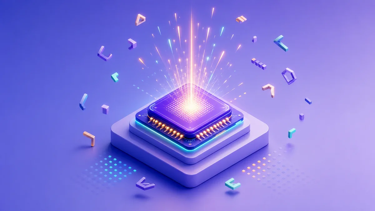 AI 코딩 모델 업데이트를 빛나는 칩과 스파크로 표현한 아이소메트릭 일러스트