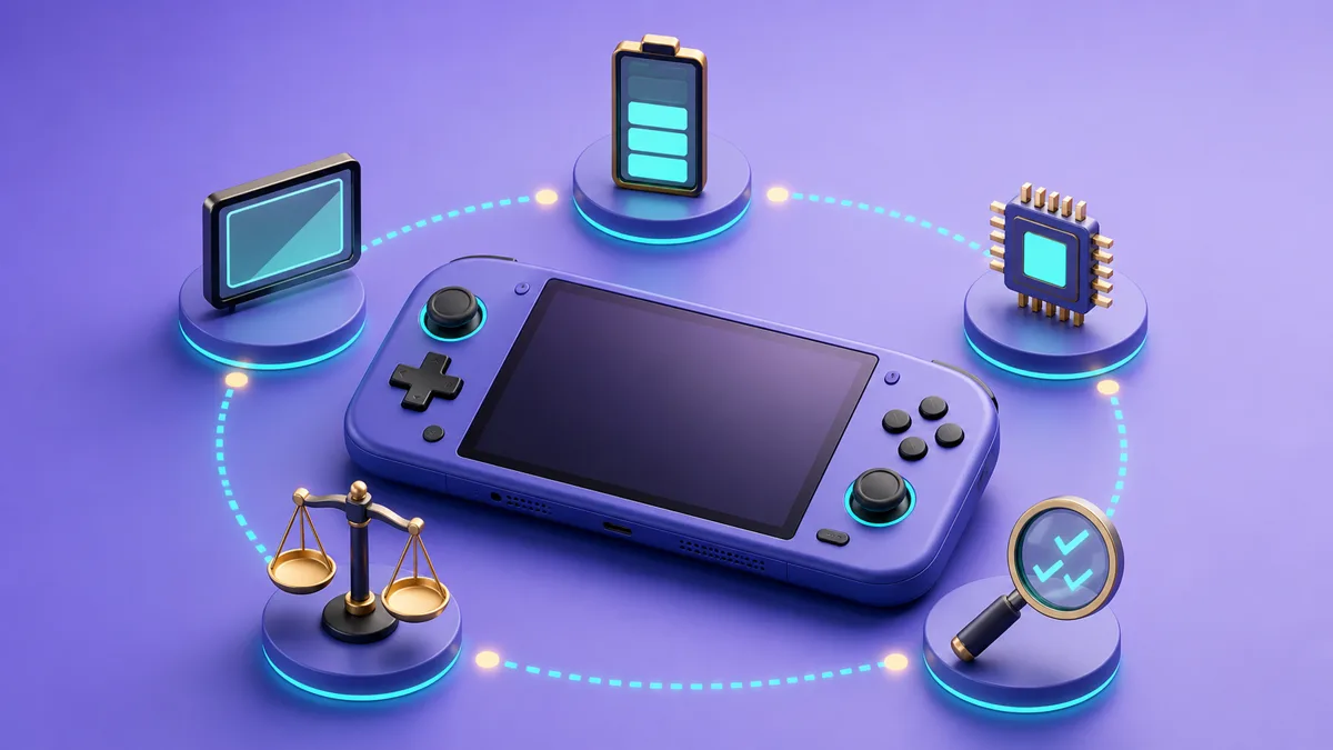 휴대용 게이밍PC 구매 체크리스트를 손에 든 사람을 그린 아이소메트릭 일러스트