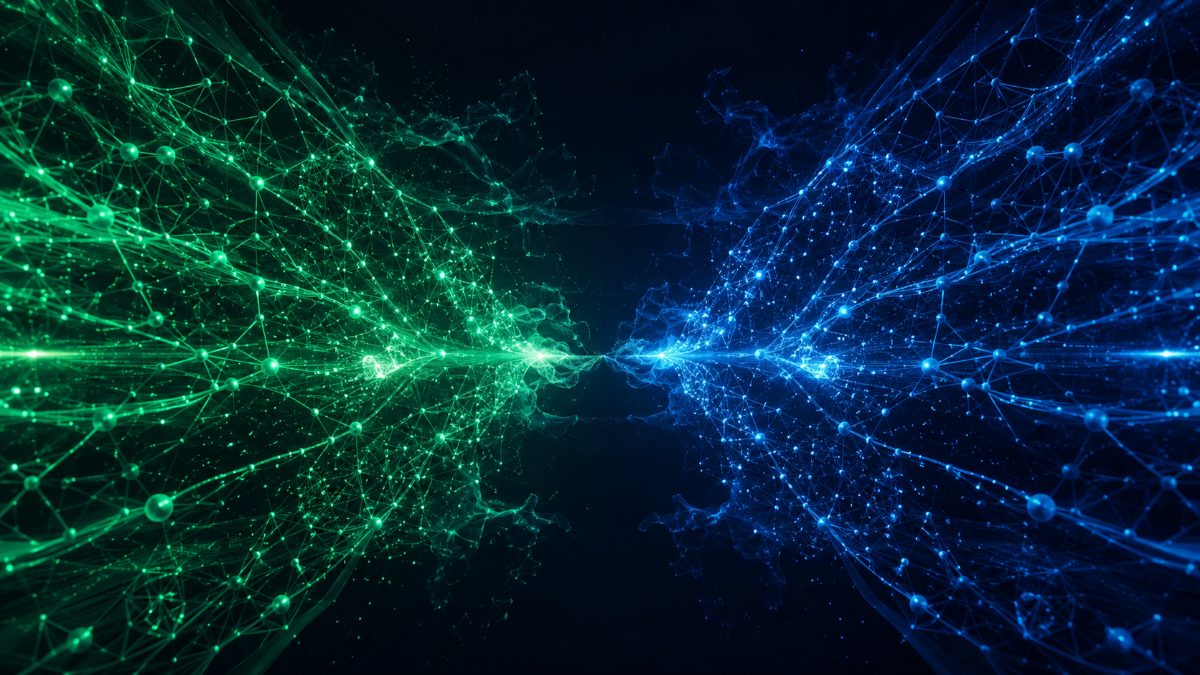 Abstract visualization of two competing large-scale AI models represented as glowing neural network structures